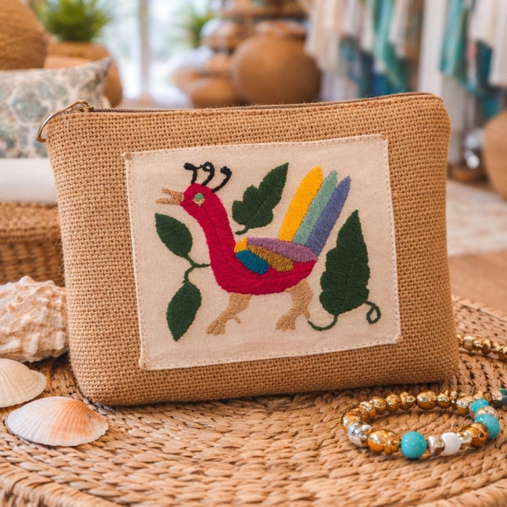 Colorful Embroidered Burlap zipper Pouch